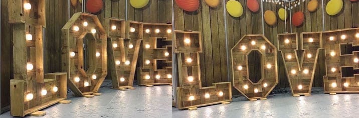 Light Up Rustic Love Letters Hire, Light Up Letters For Wedding Hire