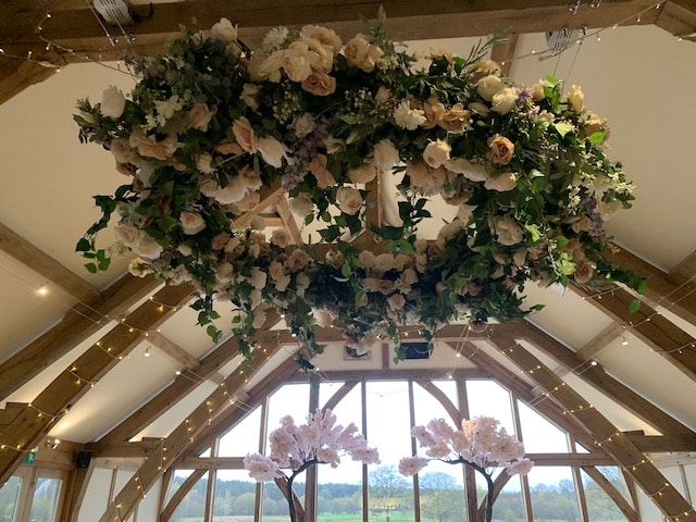 Fairy Lights With Pink, Peach And White With Pops Of Greenery Floral Hoop