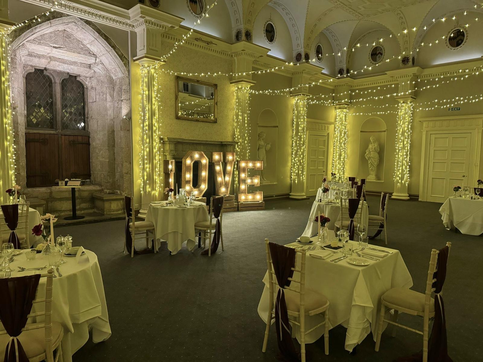 Fairy lights creating a warm and romantic atmosphere at a Yorkshire wedding venue